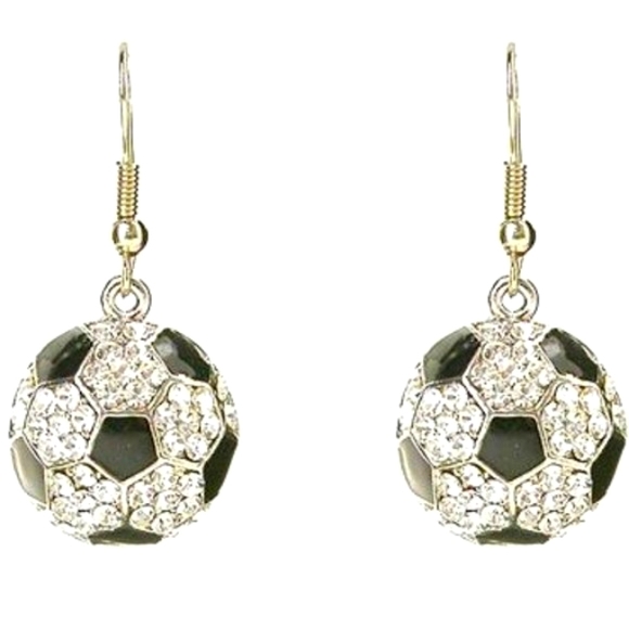 NEW! Sparkling Silver Black SOCCER Rhinestone DANGLING Earrings - ATHLETE SPORT! - Picture 2 of 3